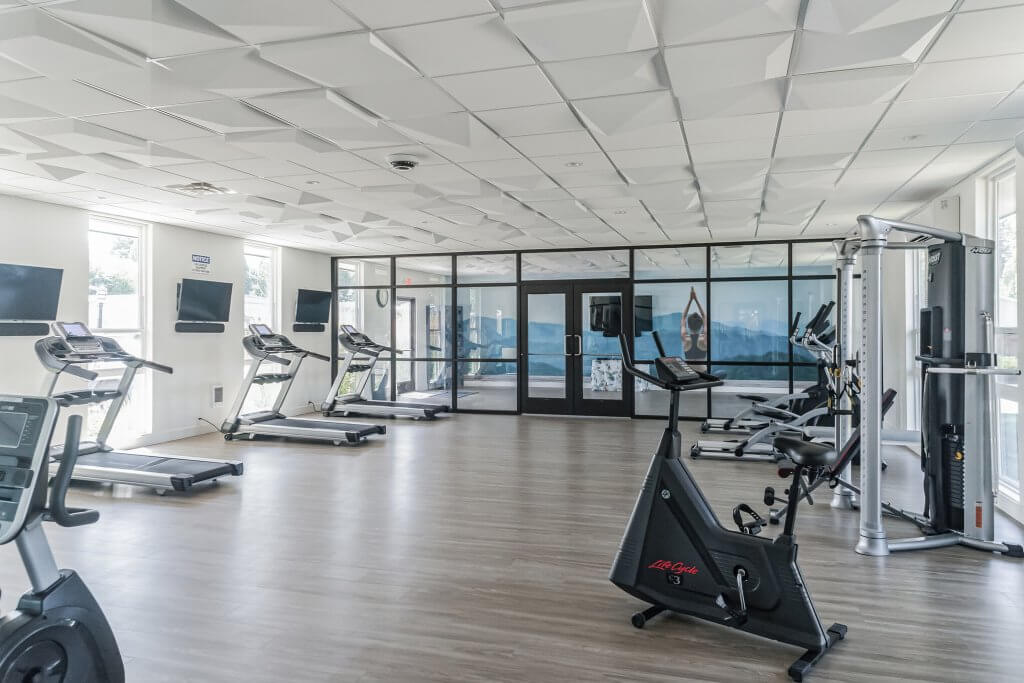 Bright fitness center with treadmills, exercise bikes, and strength equipment near large windows in Eugene, OR